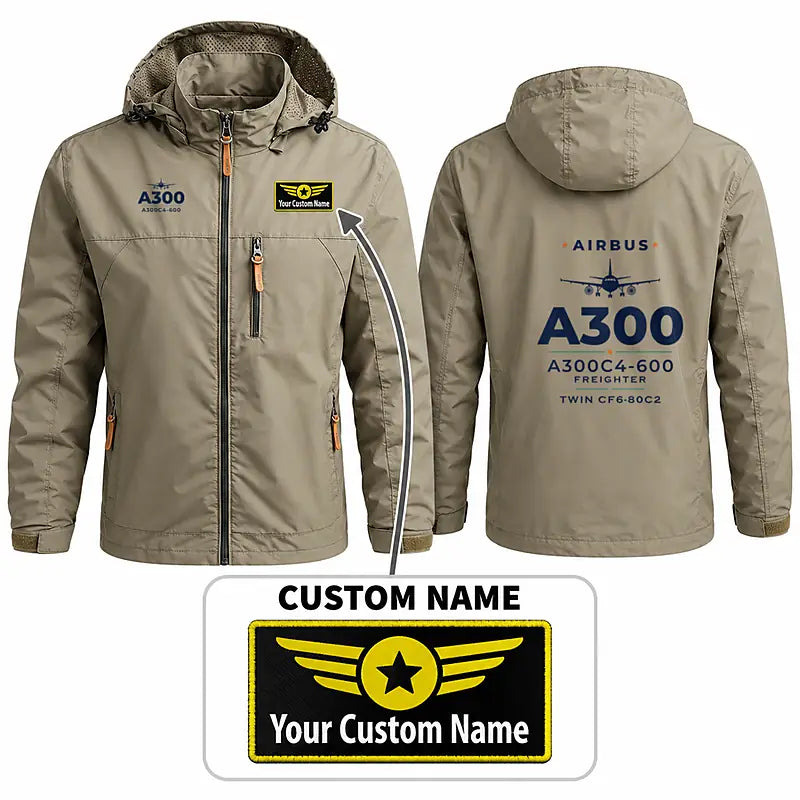 Airbus A300C4-600 Stylish Jackets - Hooded Windbreaker - Heritage + Name - Khaki