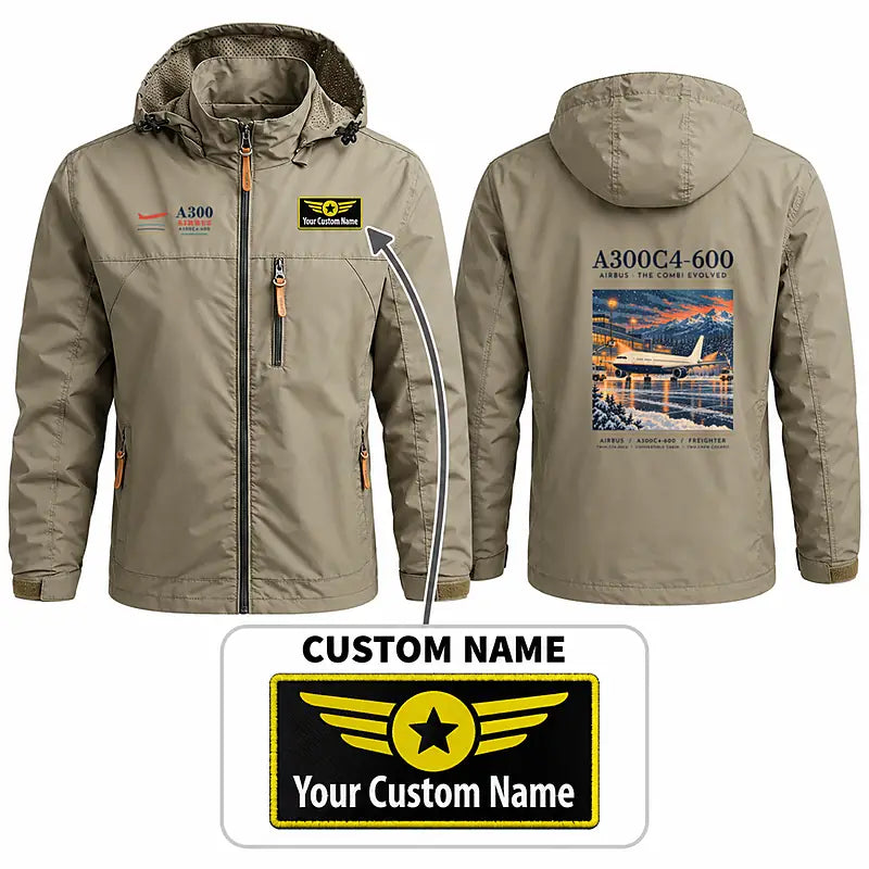 Airbus A300C4-600 Stylish Jackets - Hooded Windbreaker - Poster + Name - Khaki