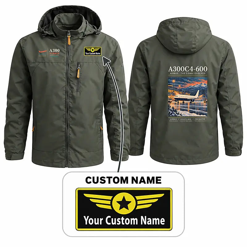 Airbus A300C4-600 Stylish Jackets - Hooded Windbreaker - Poster + Name - Olive Green