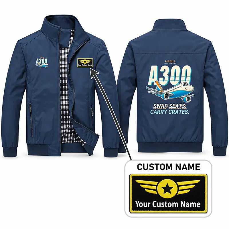 Airbus A300C4-600 Stylish Jackets - Stand Collar - Cartoon + Name - Navy Blue