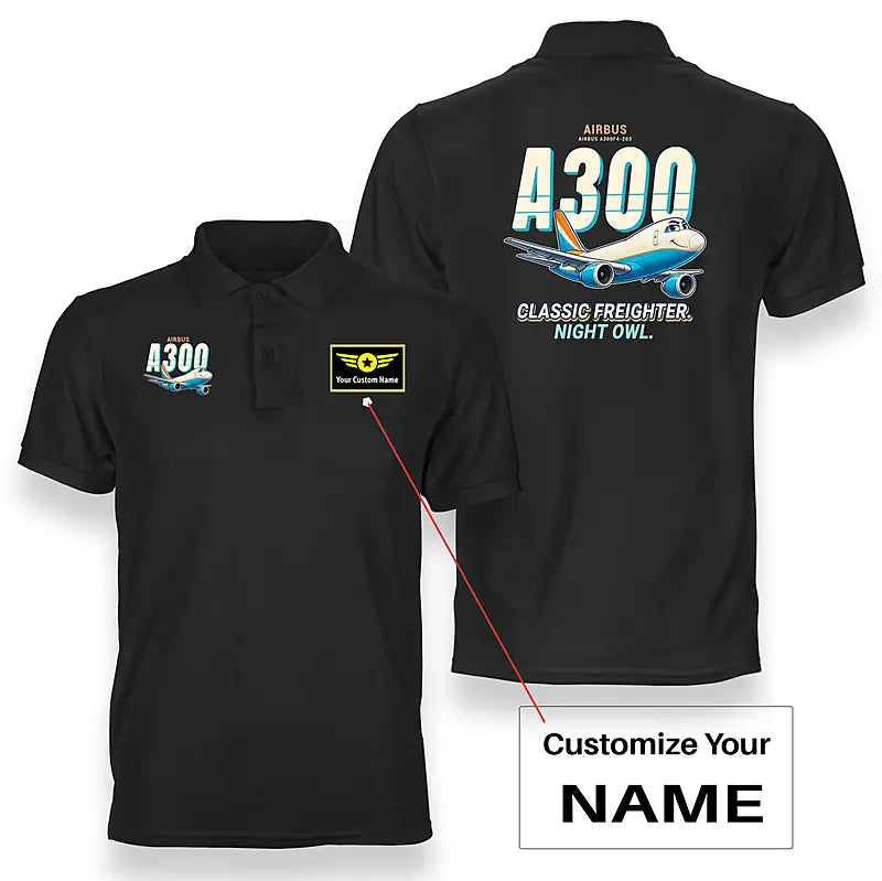 Airbus A300F4-203 - Cartoon - Double-Side Polo - Black + Name