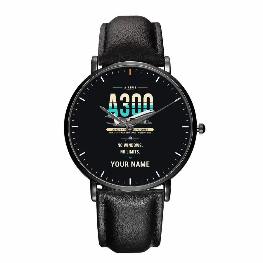 Airbus A300F4-203 - Original + Name - Slim Leather - Black and Black Leather Strap