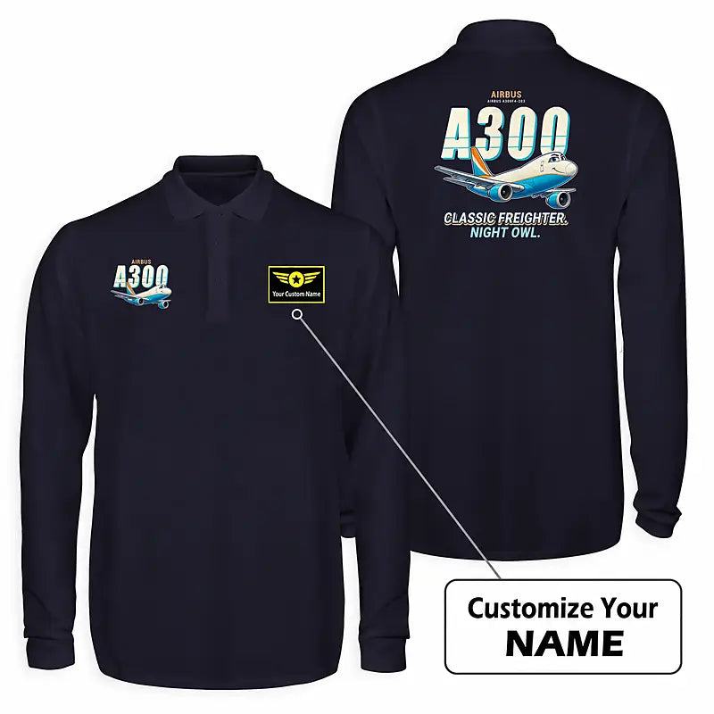 Airbus A300F4-203 Premium Polo T-Shirts - Cartoon + Name - Long Sleeve - Dark Blue