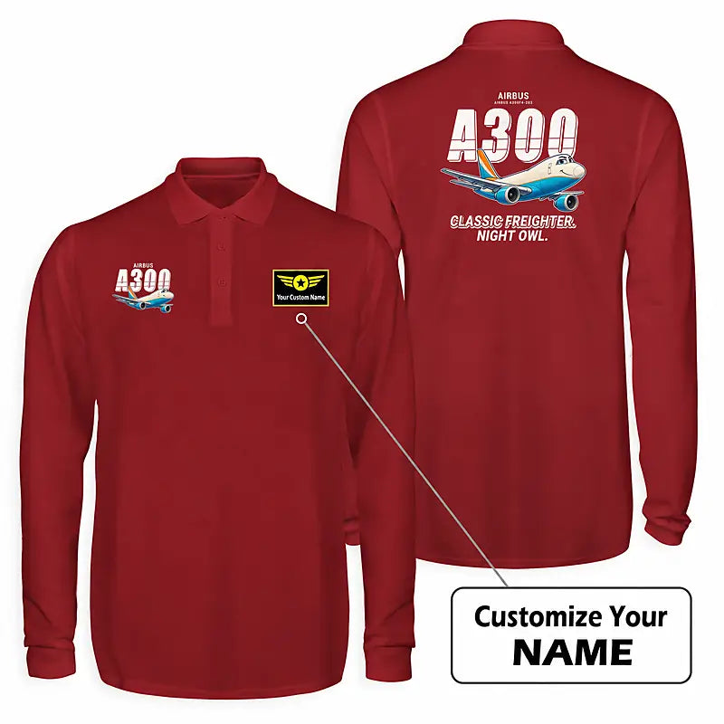 Airbus A300F4-203 Premium Polo T-Shirts - Cartoon + Name - Long Sleeve - Dark Red