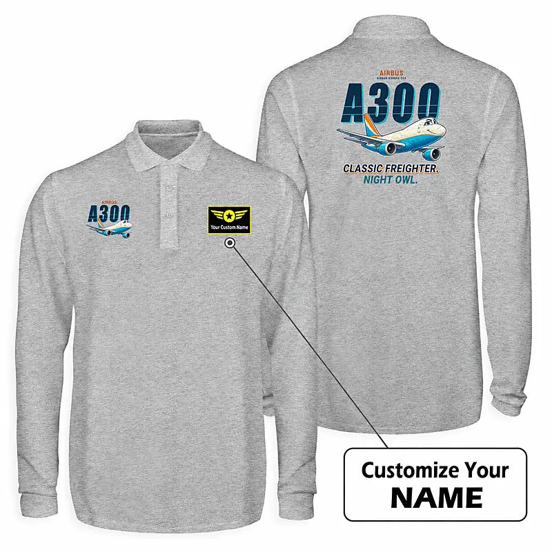 Airbus A300F4-203 Premium Polo T-Shirts - Cartoon + Name - Long Sleeve - Gray