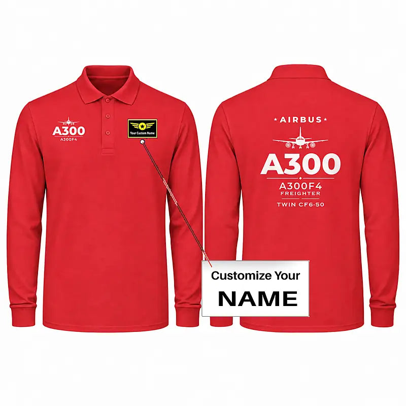 Airbus A300F4-203 Premium Polo T-Shirts - Heritage + Name - Long Sleeve - Red