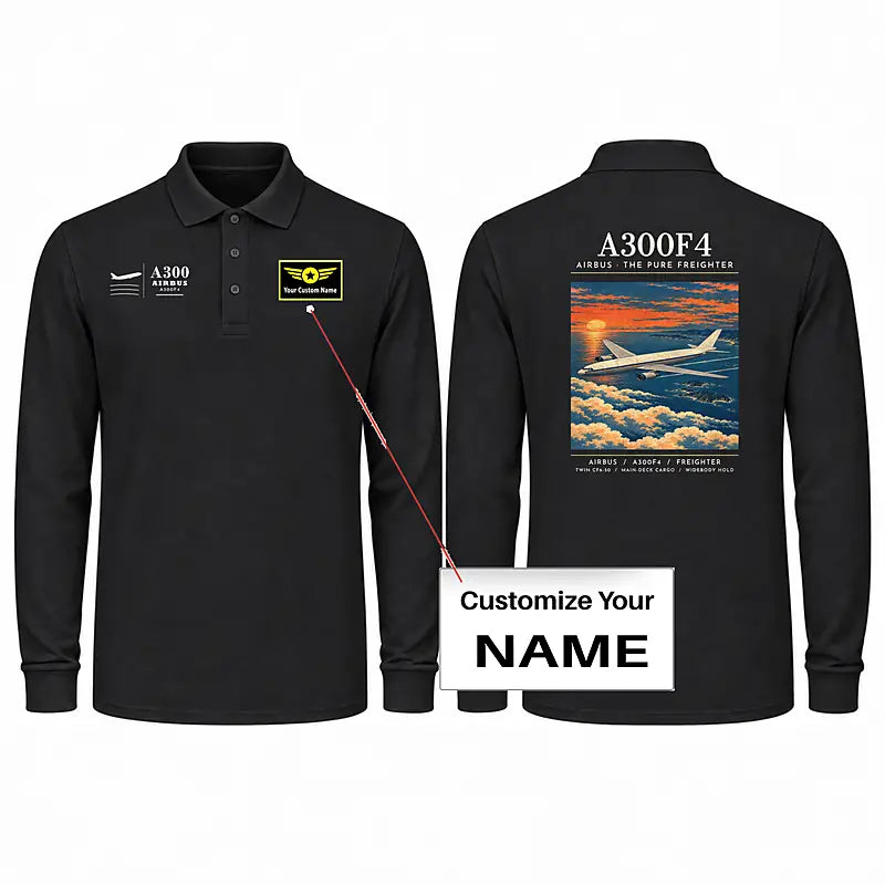 Airbus A300F4-203 Premium Polo T-Shirts - Poster + Name - Long Sleeve - Black