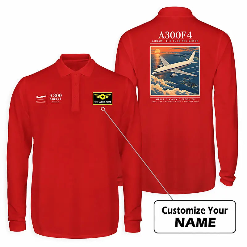 Airbus A300F4-203 Premium Polo T-Shirts - Poster + Name - Long Sleeve - Red
