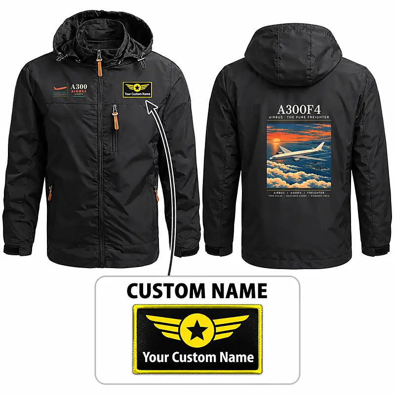 Airbus A300F4-203 Stylish Jackets - Hooded Windbreaker - Poster + Name - Black