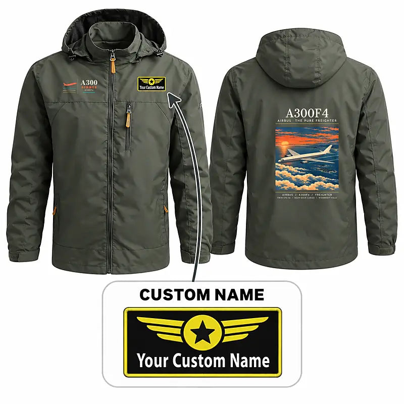 Airbus A300F4-203 Stylish Jackets - Hooded Windbreaker - Poster + Name - Olive Green