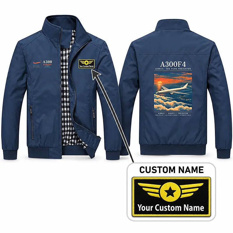 Airbus A300F4-203 Stylish Jackets - Stand Collar - Poster + Name - Navy Blue
