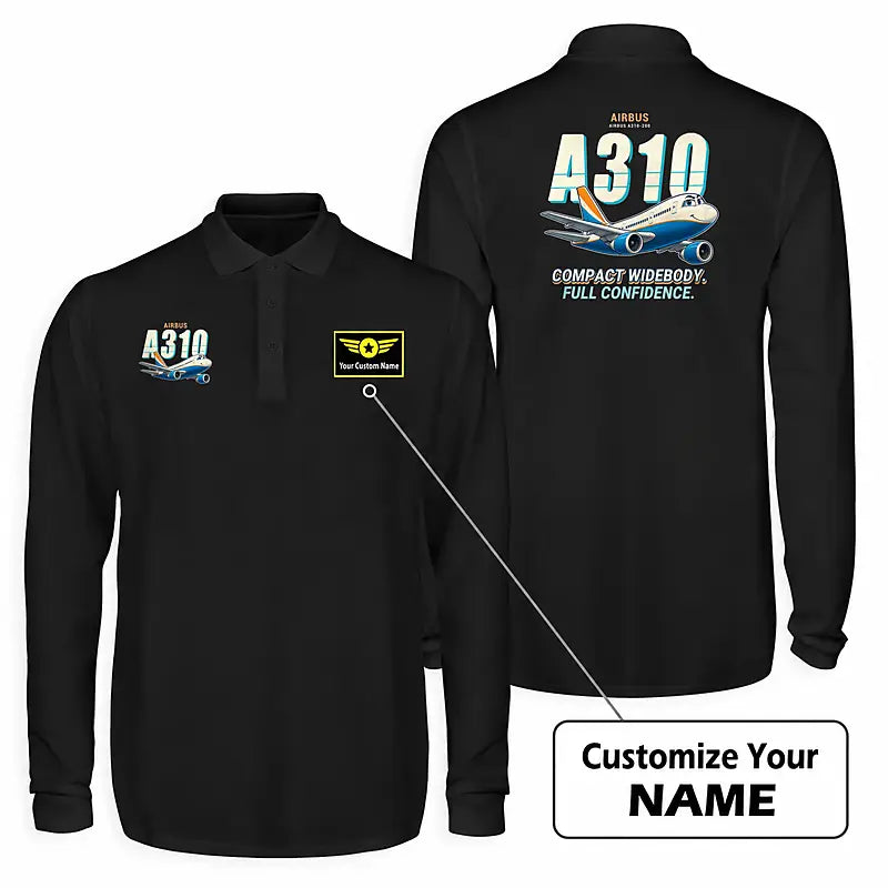 Airbus A310-200 Premium Polo T-Shirts - Cartoon + Name - Long Sleeve - Black