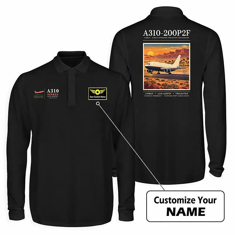 Airbus A310-200P2F Premium Polo T-Shirts - Poster + Name - Long Sleeve - Black