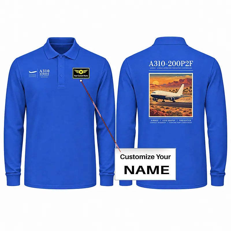 Airbus A310-200P2F Premium Polo T-Shirts - Poster + Name - Long Sleeve - Blue