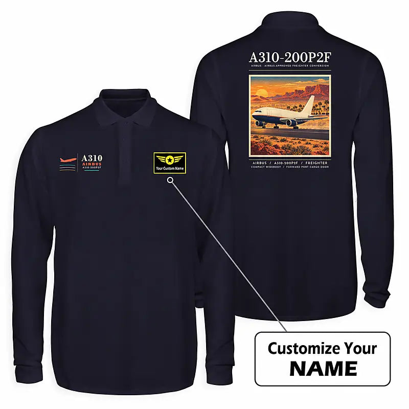 Airbus A310-200P2F Premium Polo T-Shirts - Poster + Name - Long Sleeve - Dark Blue