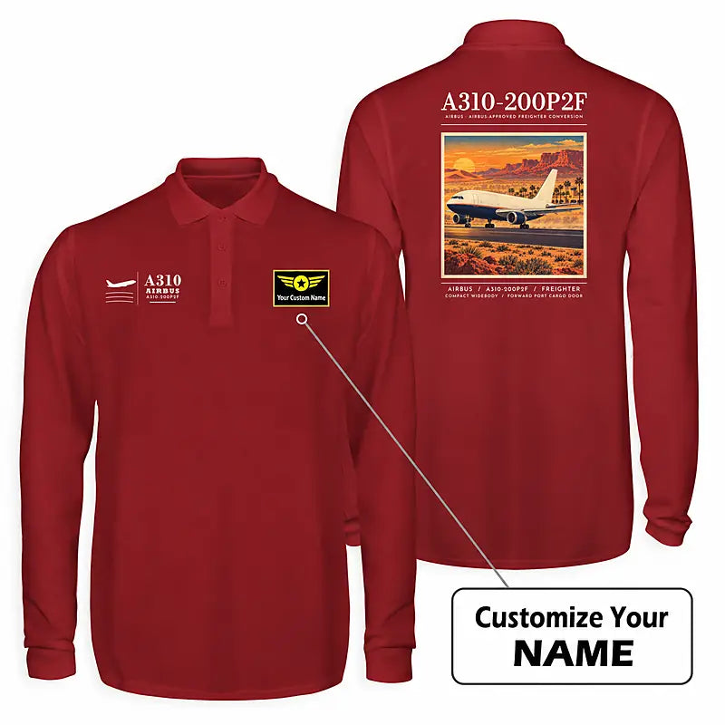 Airbus A310-200P2F Premium Polo T-Shirts - Poster + Name - Long Sleeve - Dark Red