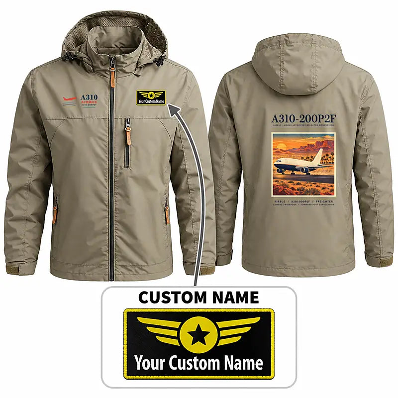 Airbus A310-200P2F Stylish Jackets - Hooded Windbreaker - Poster + Name - Khaki