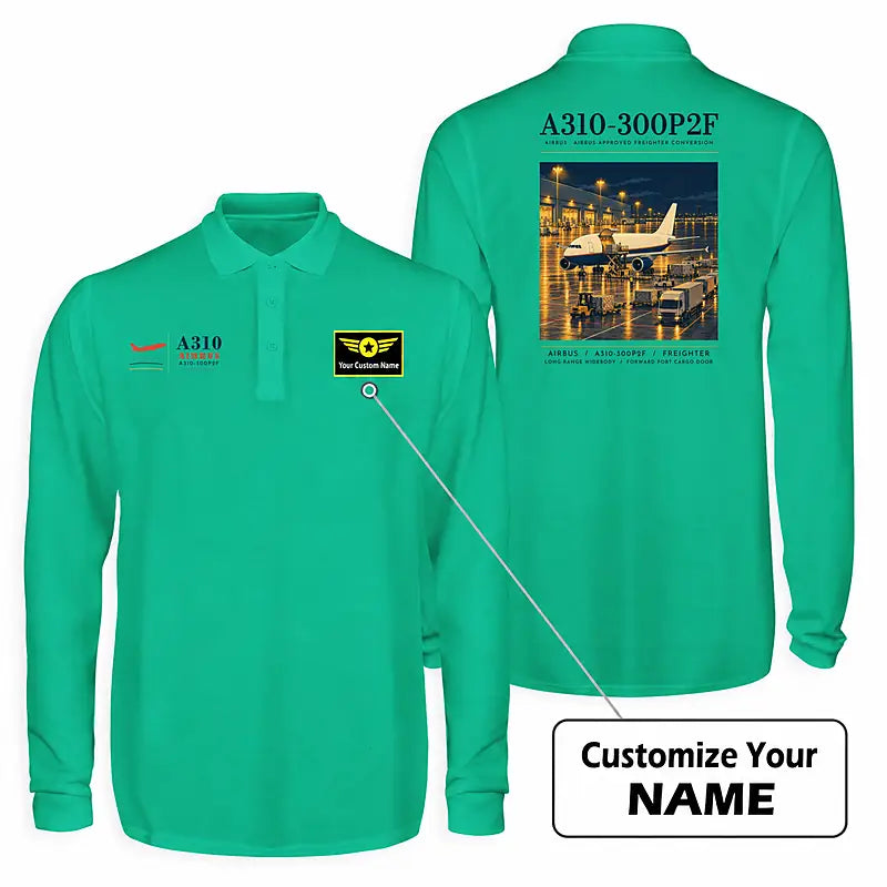 Airbus A310-300P2F Premium Polo T-Shirts - Poster + Name - Long Sleeve - Green
