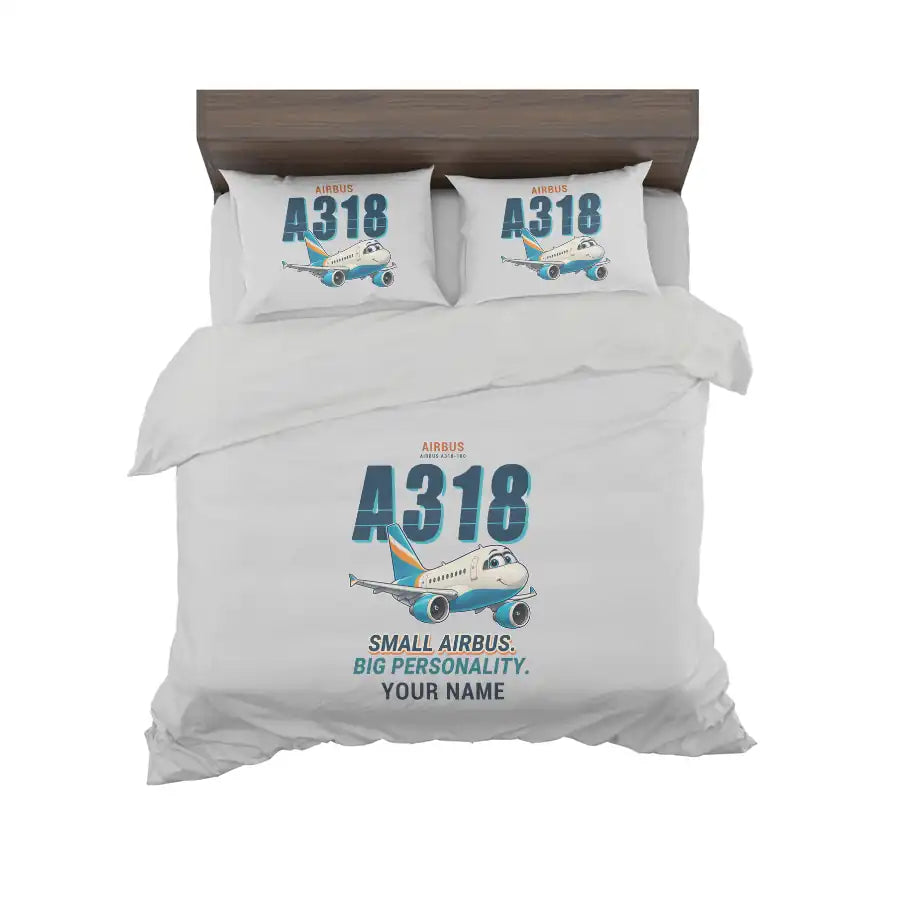 Airbus A318 - Cartoon + Name - Bedding Set - Light Gray