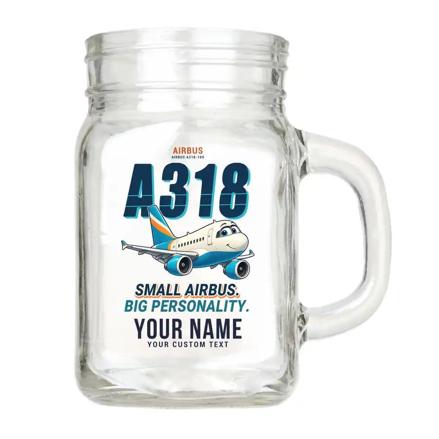 Airbus A318 - Cartoon + Name - Cocktail Glass (Mason Jar)