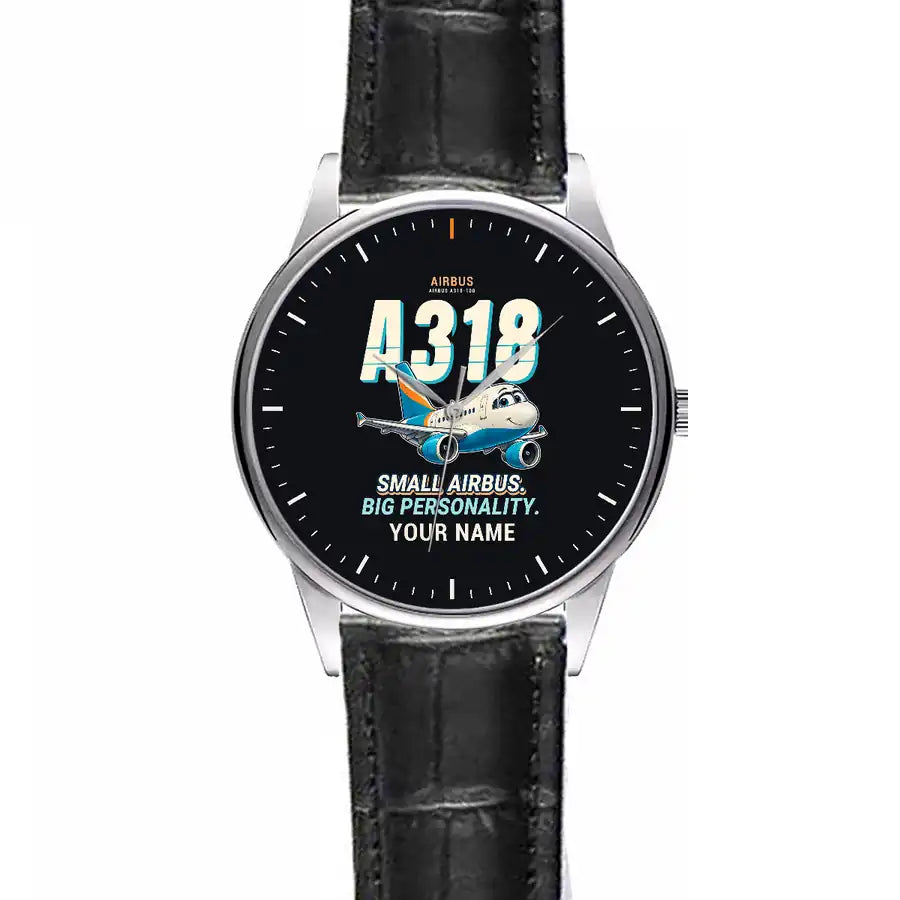 Airbus A318 - Cartoon + Name - Leather Strap - Striped Black Leather Strap