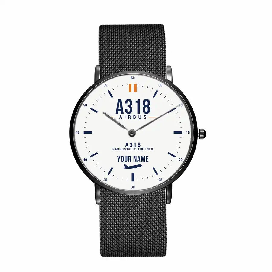 Airbus A318 - Classic - White + Name - Slim Mesh - Black and Stainless Steel Strap
