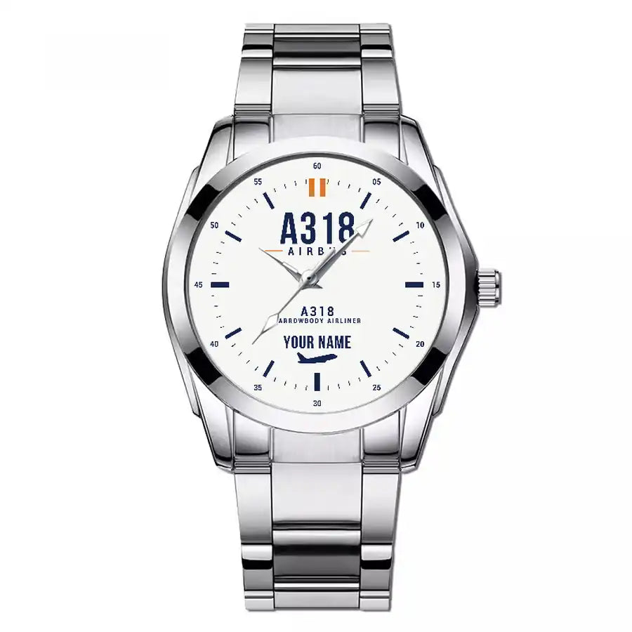 Airbus A318 - Classic - White + Name - Stainless Steel Band - For Men