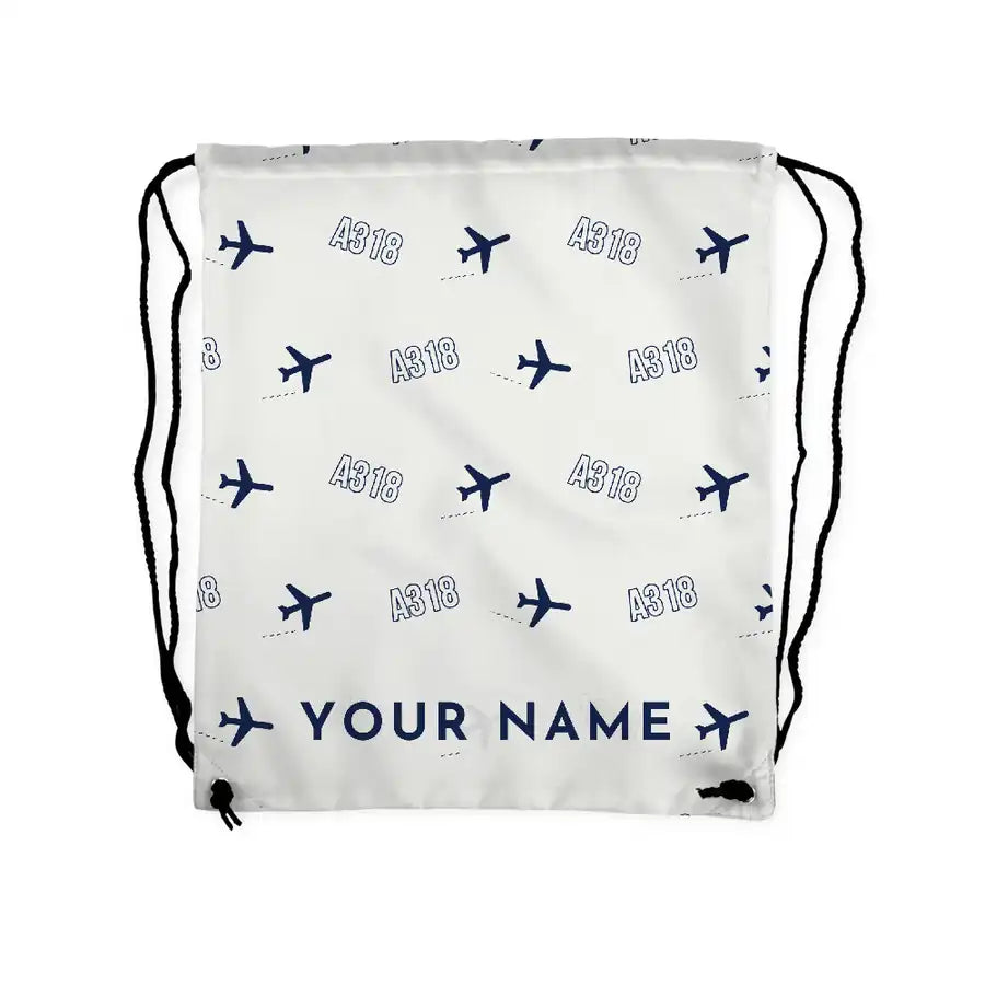 Airbus A318 - Drawstring Bag - 3D Pattern + Name - White