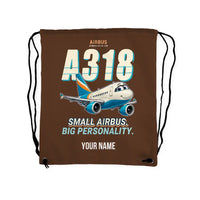 Thumbnail for Airbus A318 - Drawstring Bag - Cartoon + Name - Brown