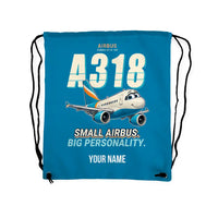 Thumbnail for Airbus A318 - Drawstring Bag - Cartoon + Name - Light Blue