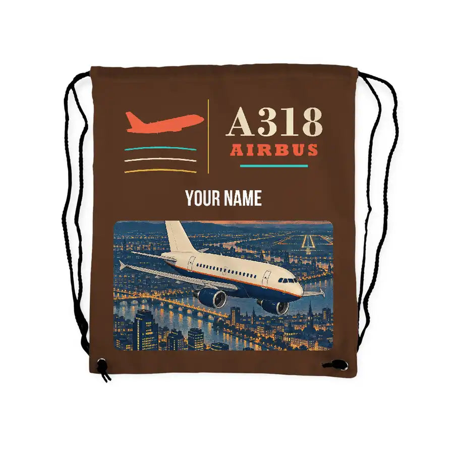 Airbus A318 - Drawstring Bag - Classic + Name - Brown
