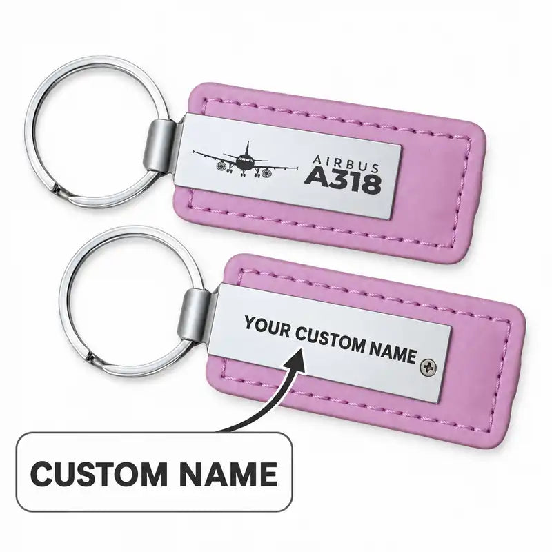 Airbus A318 - Leather Key Chain - Faux Leather - Heritage - Pink + Name