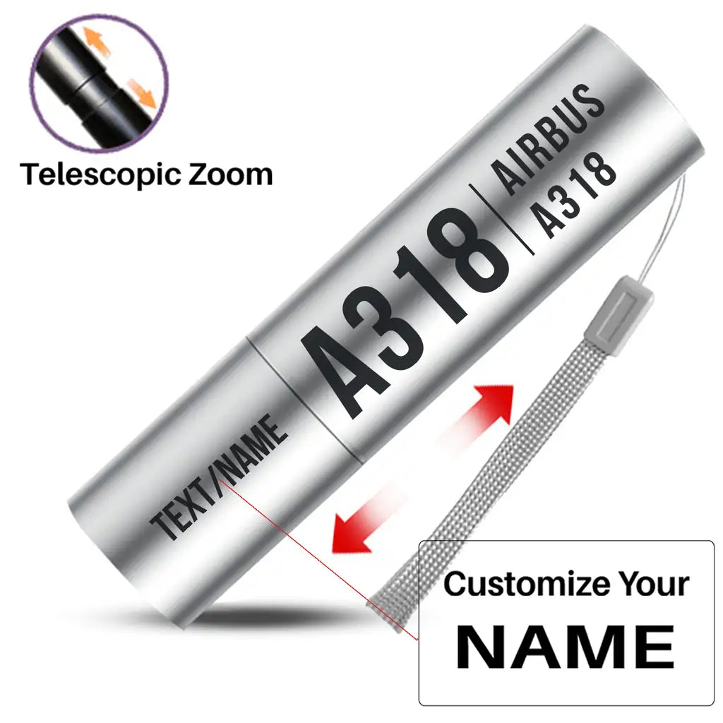Airbus A318 - Mini LED Flashlight - Tag - Silver + Name