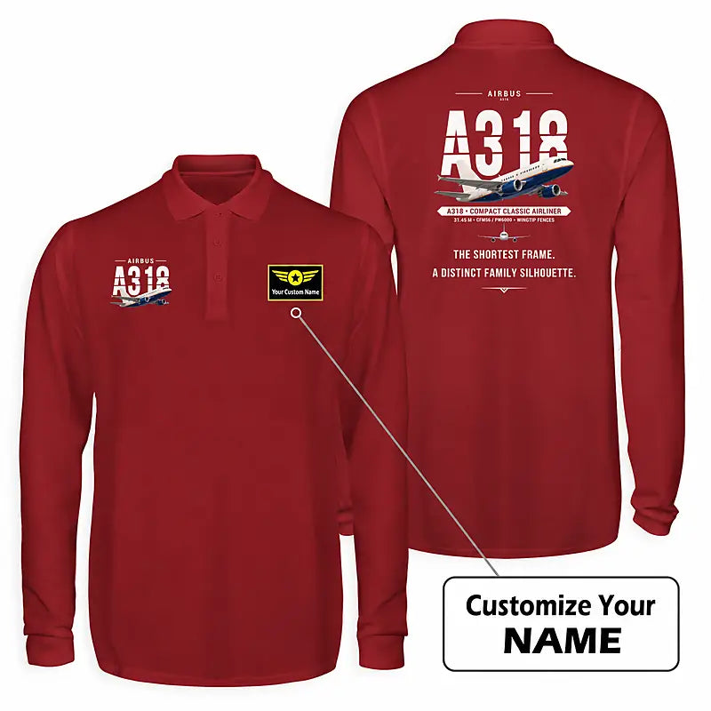 Airbus A318 Premium Polo T-Shirts - Original + Name - Long Sleeve - Dark Red