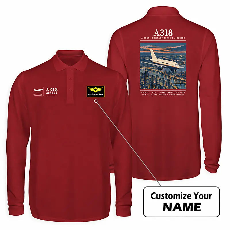 Airbus A318 Premium Polo T-Shirts - Poster + Name - Long Sleeve - Dark Red
