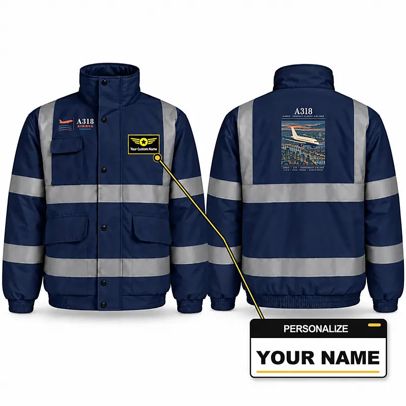 Airbus A318 Reflective Winter Jackets - Poster + Name - Navy Blue