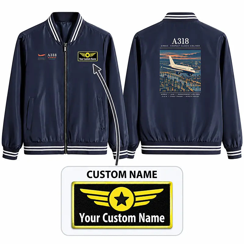 Airbus A318 Stylish Jackets - Baseball Collar - Poster + Name - Navy Blue
