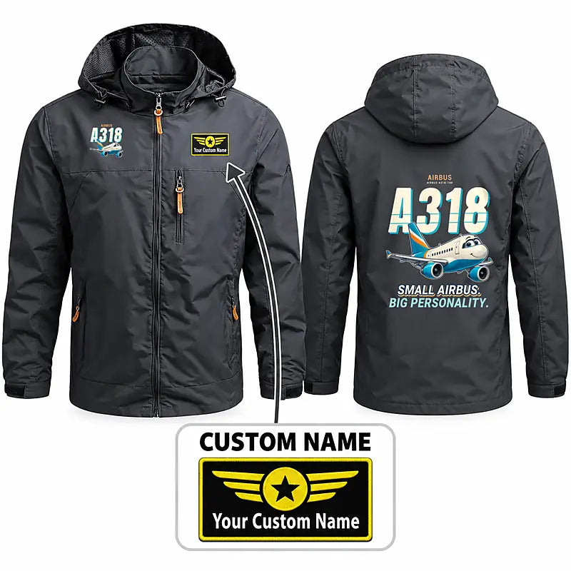 Airbus A318 Stylish Jackets - Hooded Windbreaker - Cartoon + Name - Charcoal