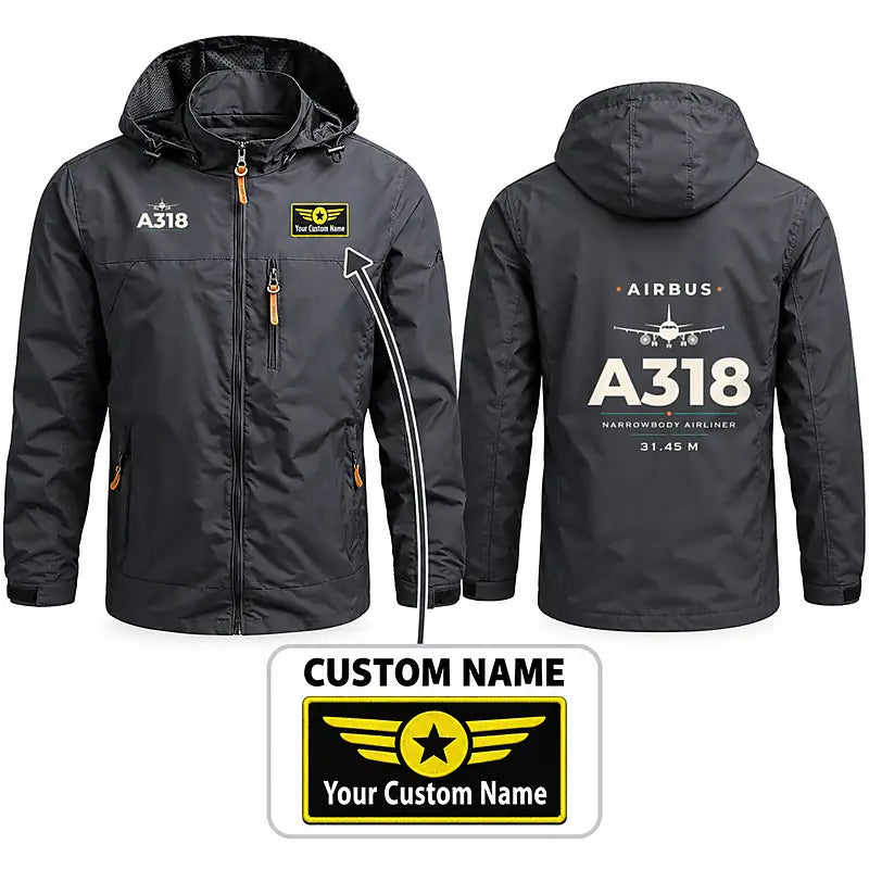 Airbus A318 Stylish Jackets - Hooded Windbreaker - Heritage + Name - Charcoal