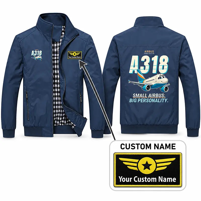 Airbus A318 Stylish Jackets - Stand Collar - Cartoon + Name - Navy Blue