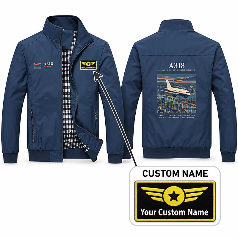 Airbus A318 Stylish Jackets - Stand Collar - Poster + Name - Navy Blue