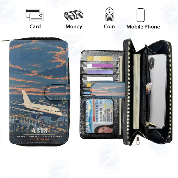 Airbus A318 Leather Wallets - Zip Long Wallet - 3D + Name