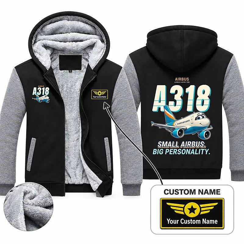Airbus A318 Zipped Sweatshirts - Cartoon + Name - Black & Gray