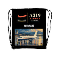 Thumbnail for Airbus A319ceo - Drawstring Bag - Classic + Name - Black