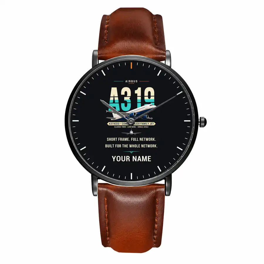 Airbus A319ceo - Original + Name - Slim Leather - Black and Brown Leather Strap