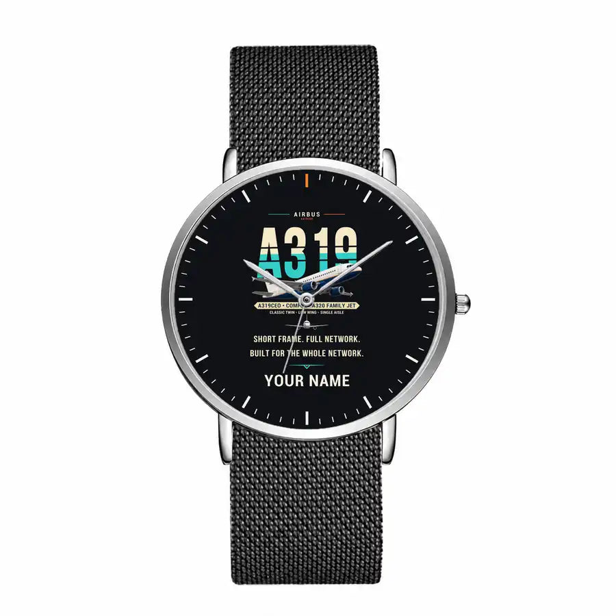 Airbus A319ceo - Original + Name - Slim Mesh - Silver and Black Stainless Steel Strap