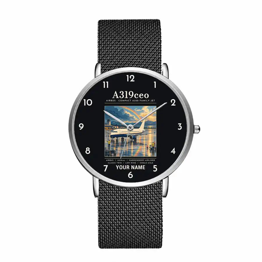 Airbus A319ceo - Poster + Name - Slim Mesh - Silver and Black Stainless Steel Strap