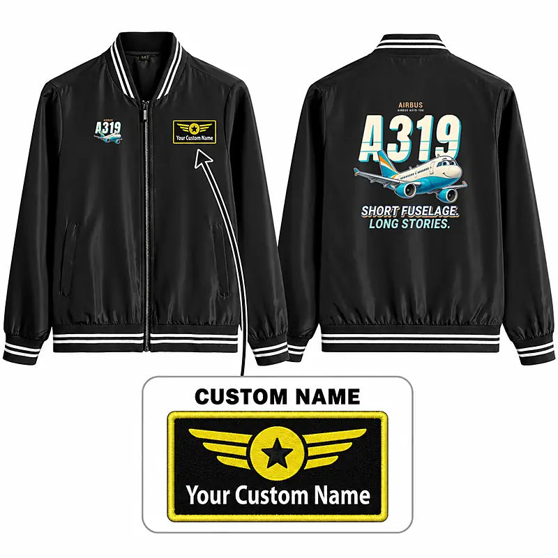 Airbus A319ceo Stylish Jackets - Baseball Collar - Cartoon + Name - Black