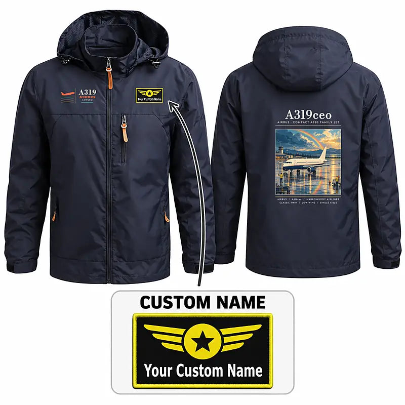 Airbus A319ceo Stylish Jackets - Hooded Windbreaker - Poster + Name - Navy Blue