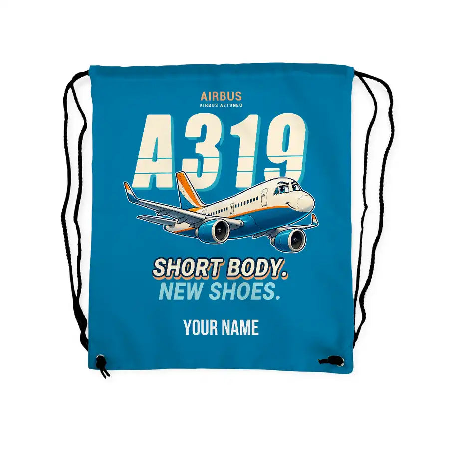 Airbus A319neo - Drawstring Bag - Cartoon + Name - Light Blue